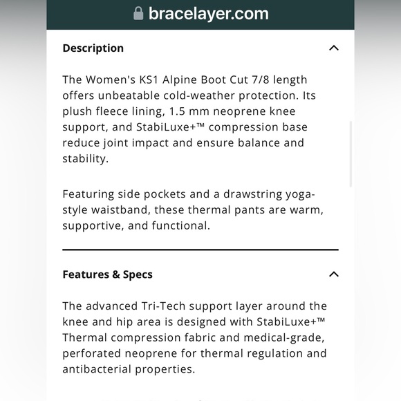 NWT Bracelayer Women KS1 Ski Boot Cut 7/8 Thermal Base Layer Knee Support Small - Picture 6 of 7